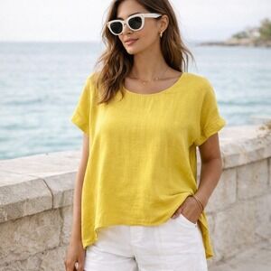 Terzo Millennio Italian Linen Top 100% Linen Button Back Chartreuse Yellow Small